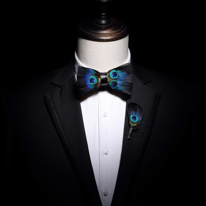 RBOCOTT Mens Handmade Feather Pre-tied Bow tie and Brooch Sets (peacock blue/black) - Image 3